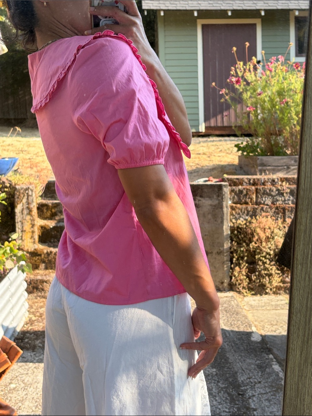 Wayf Pink Ruffle-Trim Button Down Top - Picture 3 of 8